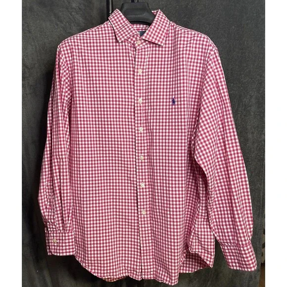 Polo Ralph Lauren Check Plaid Shirt Mens 17 1/2  Button-Down Preppy Red - Picture 2 of 9